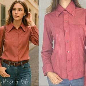 Vintage dusty rose button down large lapel dagger collar 1970s collar shirt.